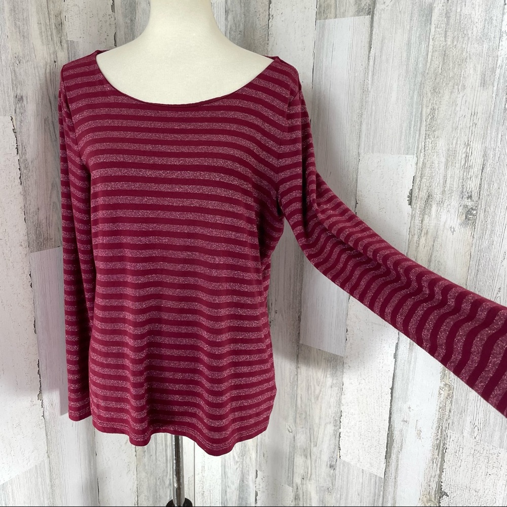 Talbots Women's Red Sparkly Strip Scoop Neck Long Sleeve Shirt Top Blouse Sz L